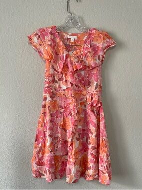 GB GIRLS‎ Coral Pink Floral Flutter Sleeve Ruffle dress size Medium